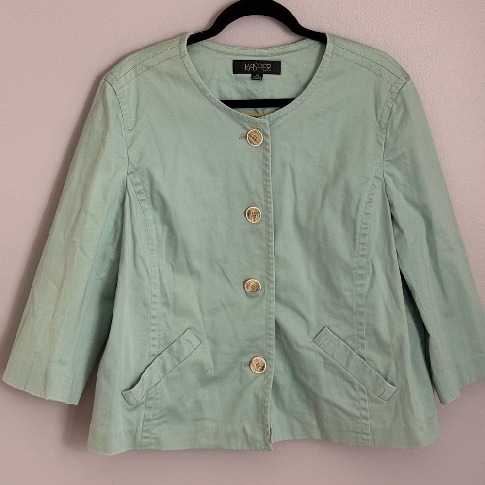Kasper Cotton Mint Blue Button Front Jacket